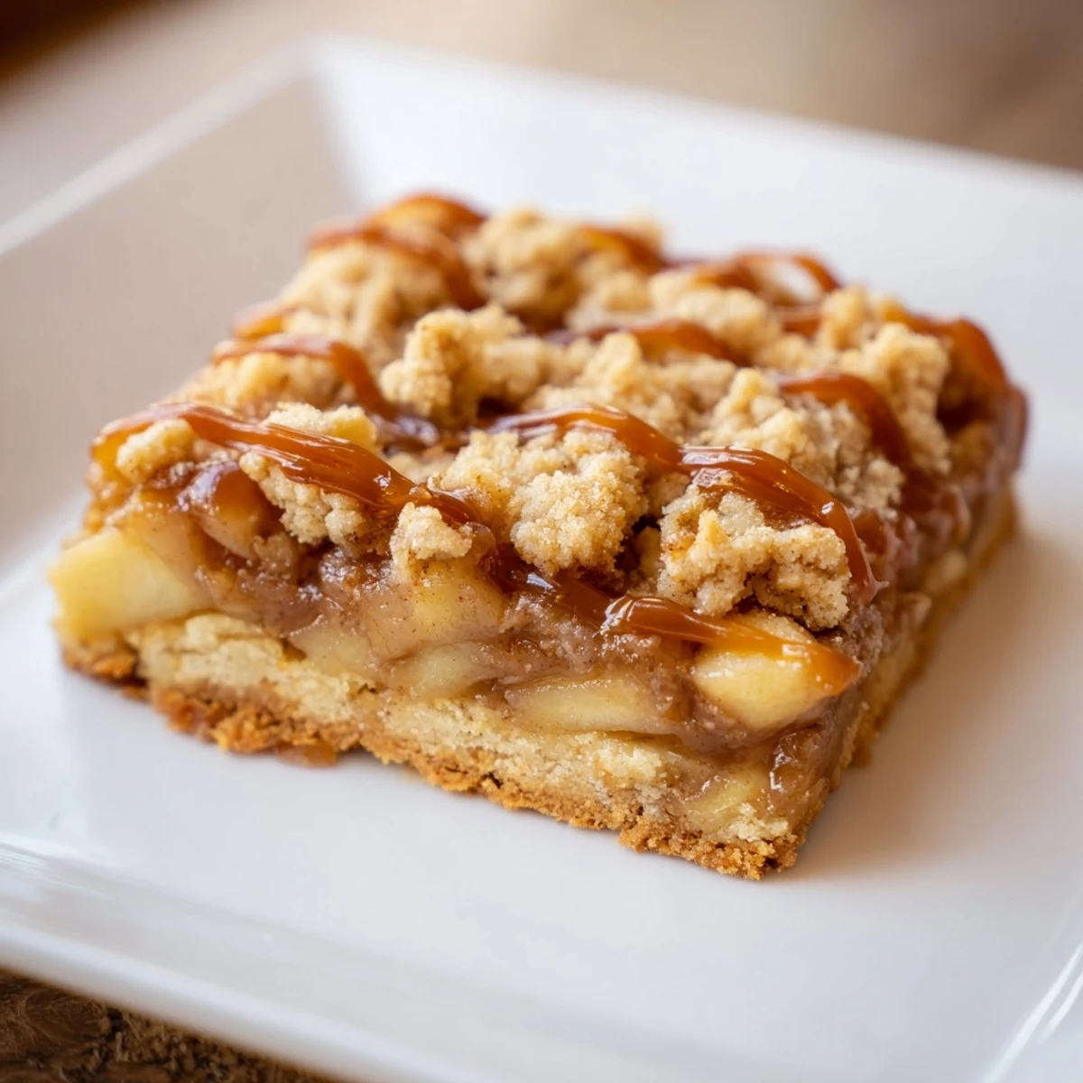 A close-up shot of rich, chewy Caramel Apple Cookie Bars, loaded with sweet apple pieces.