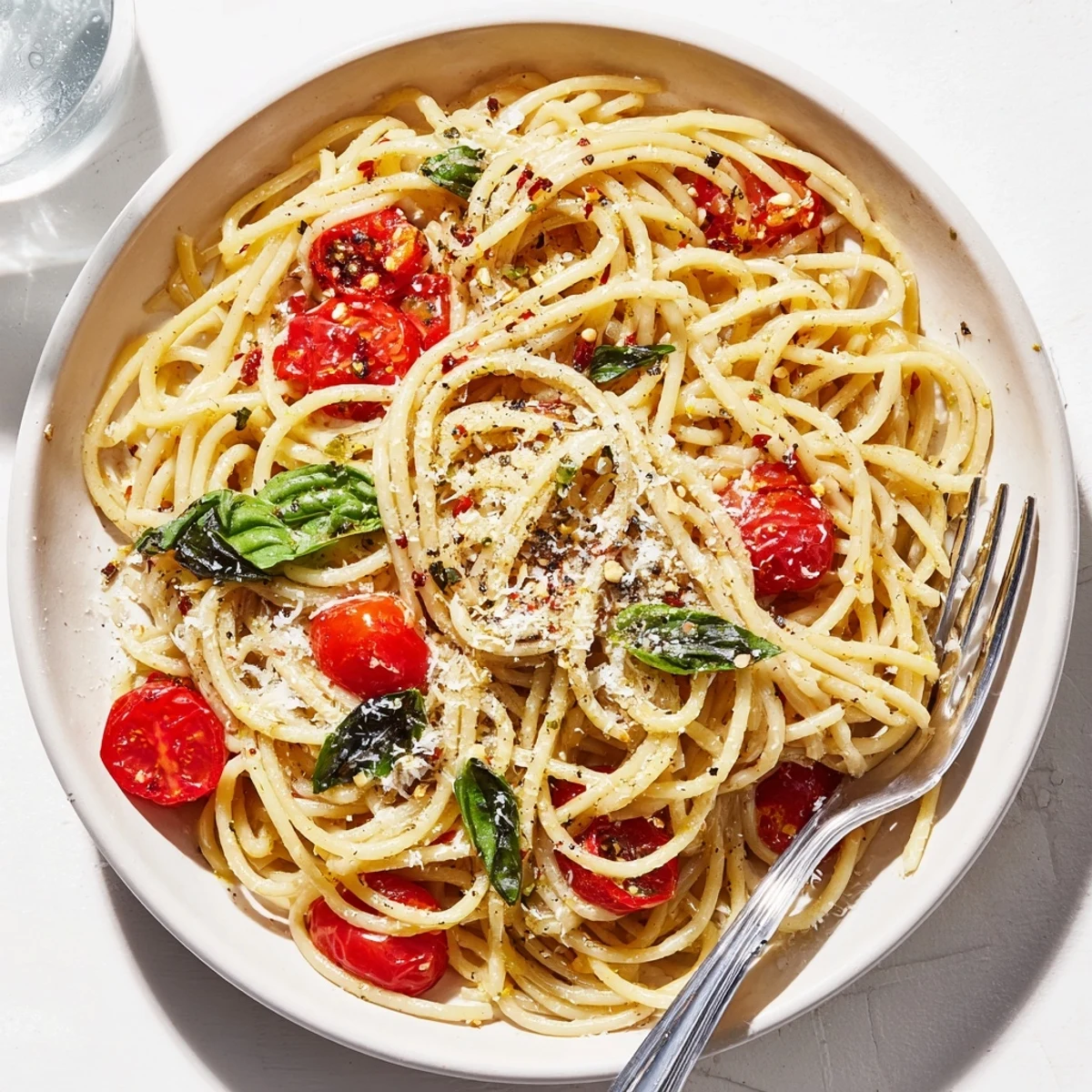 Steaming Lazy-Girl Pasta with cherry tomatoes and fresh basil, ready for a satisfying Italian-inspired meal.