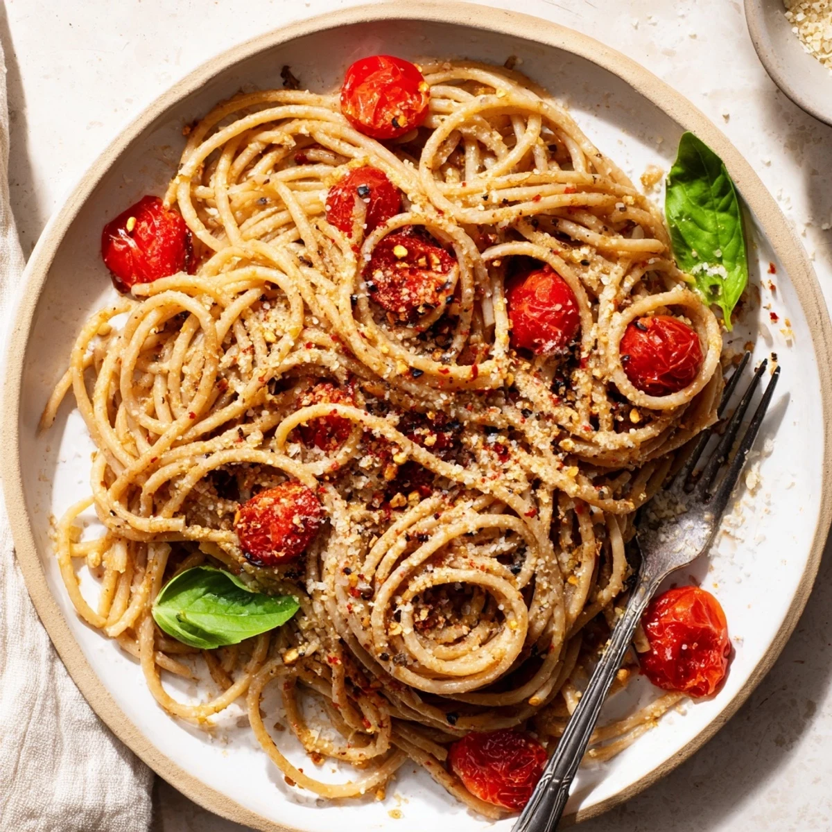 A close-up of a skillet of flavorful Lazy-Girl Pasta, creamy and perfectly coated, ready to serve.