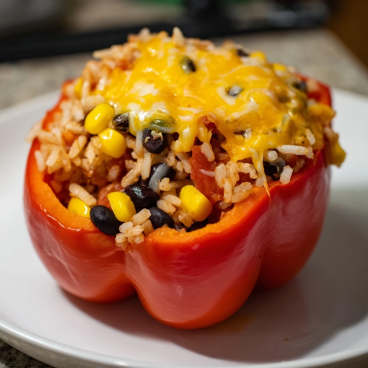 Steaming stuffed bell peppers, bursting with a colorful filling, perfect for a cozy weeknight dinner.