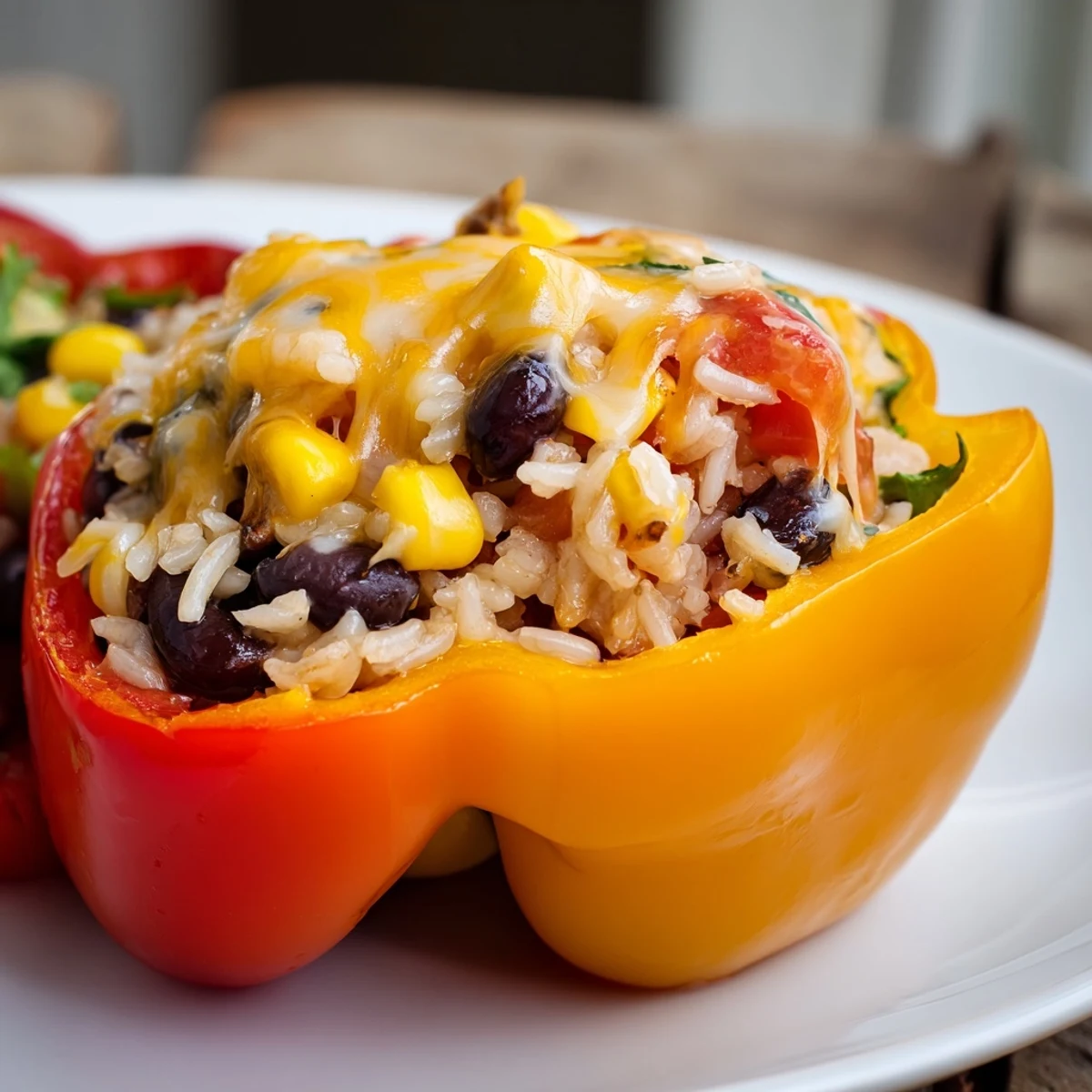 Baked stuffed bell peppers, with bubbly cheese topping, offer a satisfying, hearty, healthy, gluten-free delight.