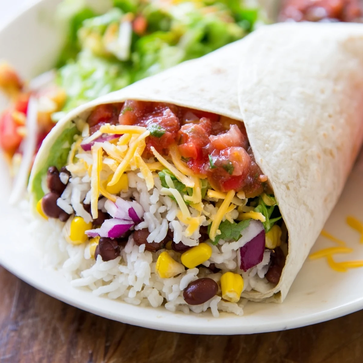 Homemade rice & bean burritos, wrapped in warm tortillas, offering a delicious, easy vegetarian meal option.