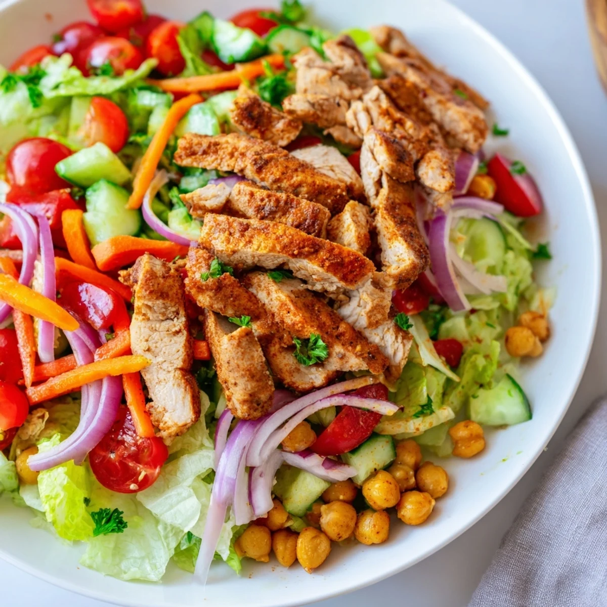 Chicken Salad with Budget-Friendly Cuts and Fresh Veggies: A colorful salad with shredded chicken, crisp veggies.