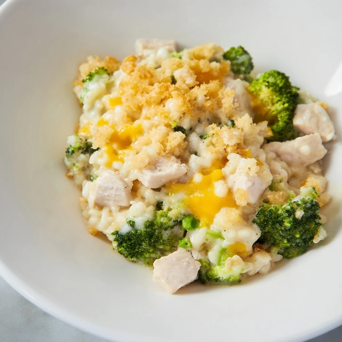 Golden bubbly Chicken & Broccoli Rice Casserole, a comforting weeknight meal, ready to serve and enjoy.