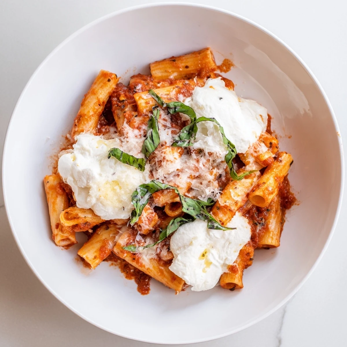 A bubbling pan of One-Pan Baked Ziti, with melted cheese and a vibrant, flavorful tomato sauce.