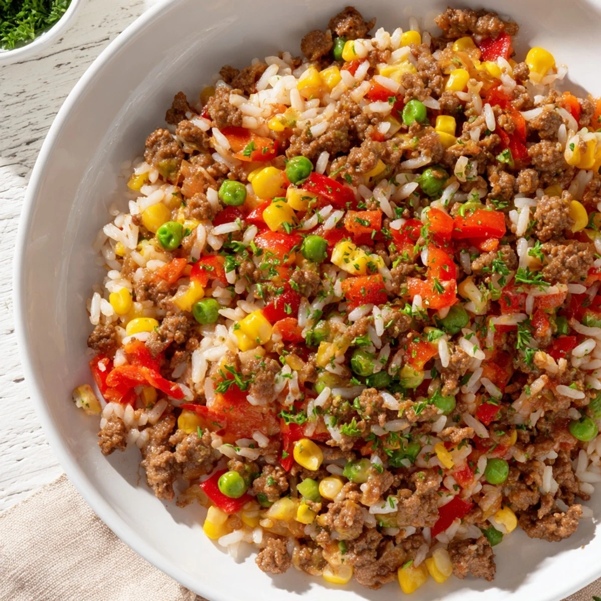 Ground Beef Skillet with Veggies & Rice, a colorful one-pan meal perfect for a quick weeknight dinner.