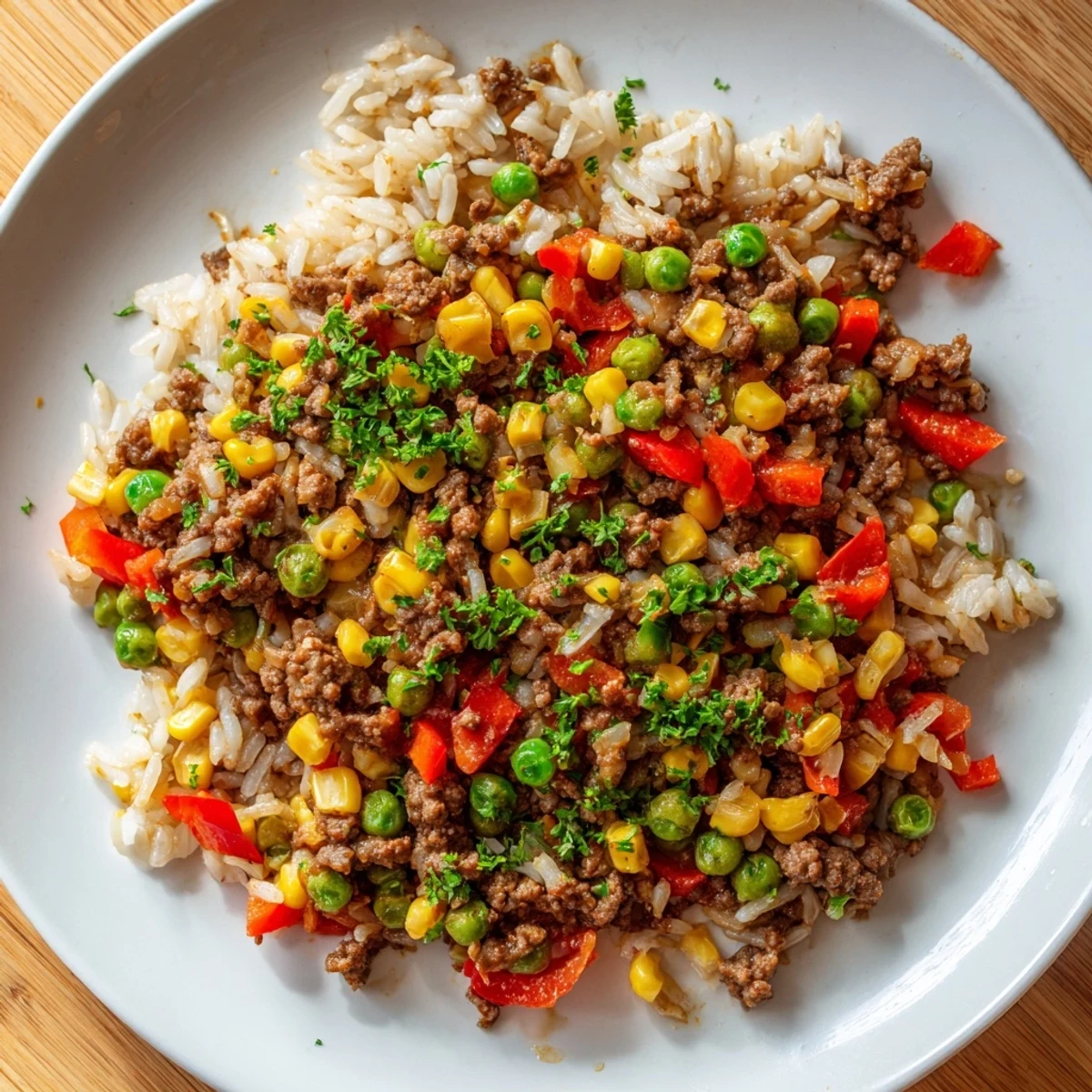 Enjoy a steaming bowl of Ground Beef Skillet loaded with savory beef, rice, and delicious vegetables.