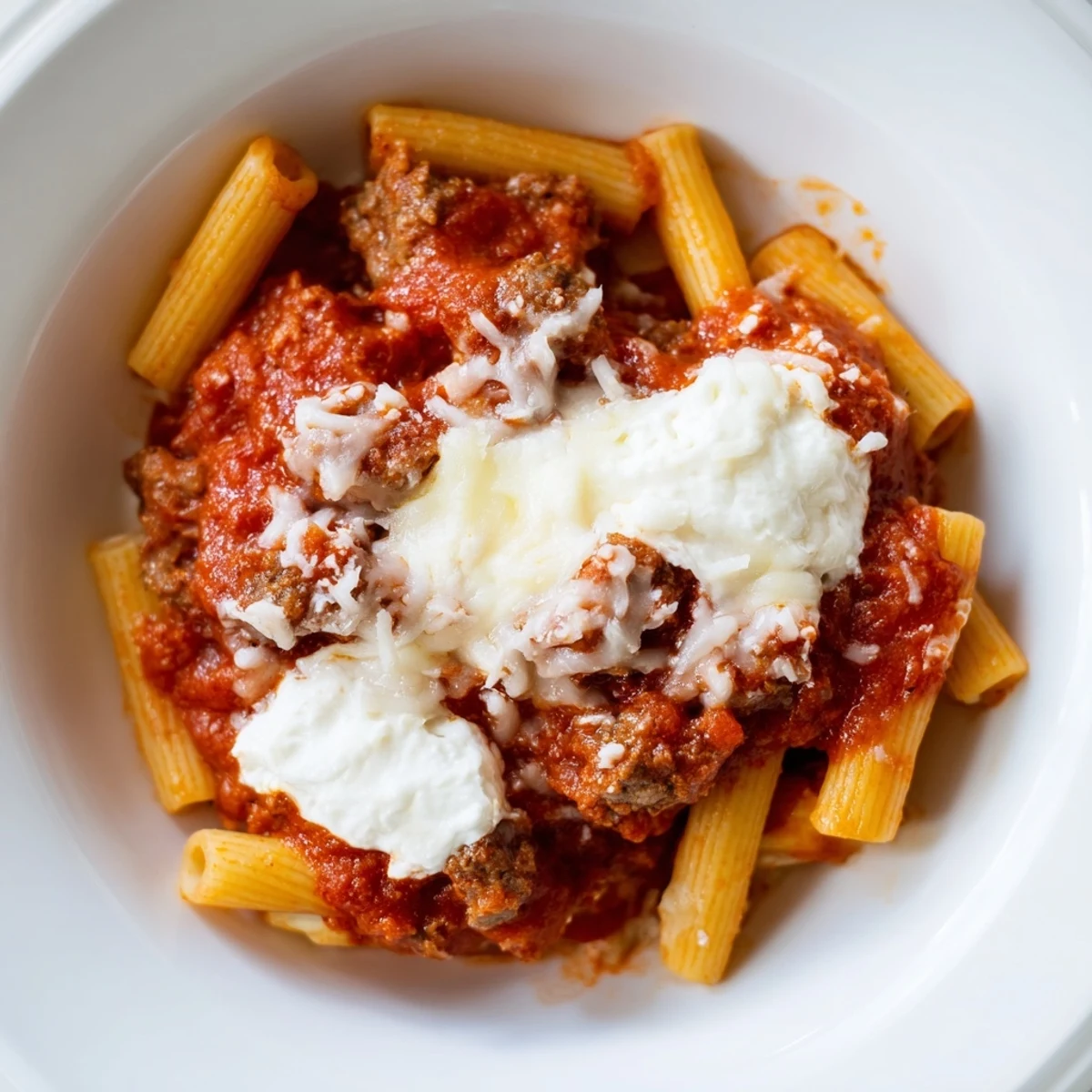Steaming hot slow cooker baked ziti, with bubbly mozzarella and Parmesan cheese for a perfect meal.