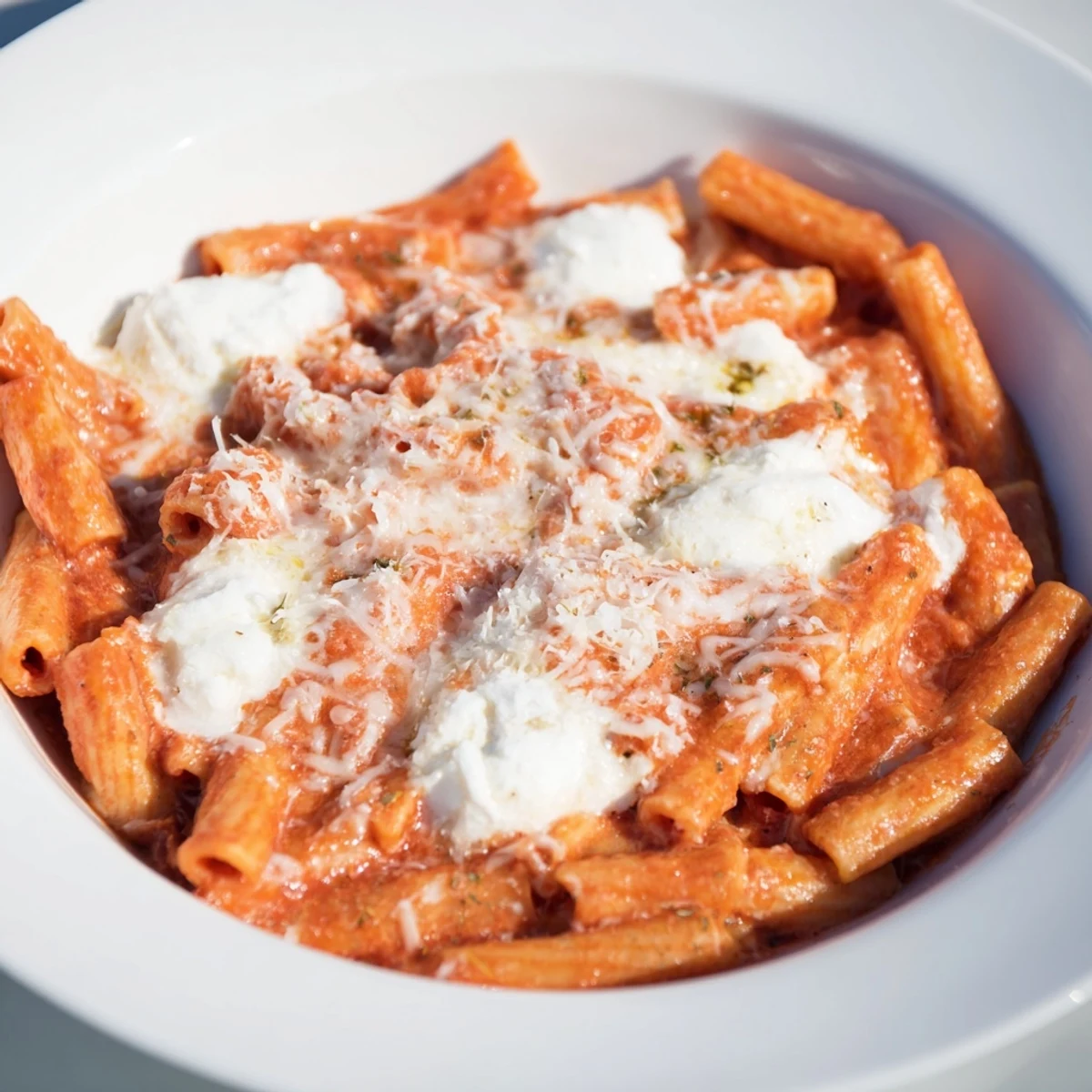 Golden brown baked ziti fresh from the slow cooker, ready to serve with a delicious cheese pull.
