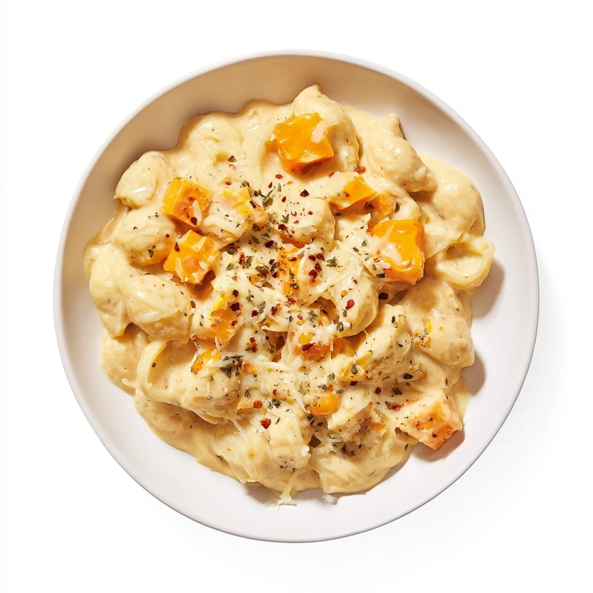 A steaming bowl of one-pot butternut squash mac & cheese, topped with melty cheese.