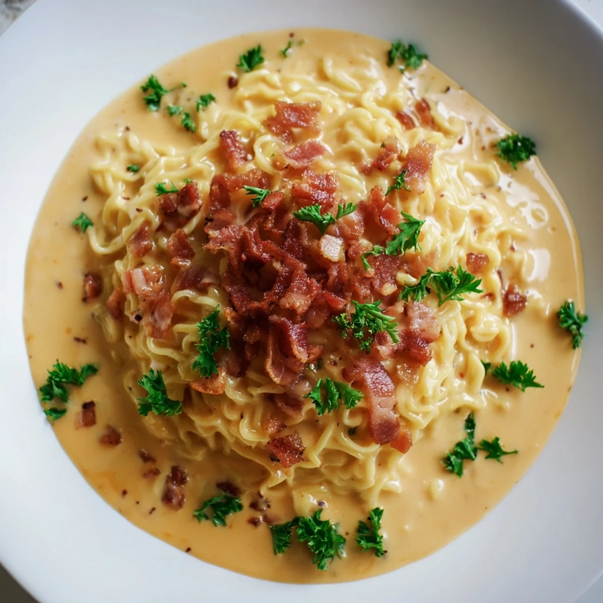 Instant Pot Carbonara Ramen Hack: Creamy ramen noodles with bacon and Parmesan, a perfect fusion meal.