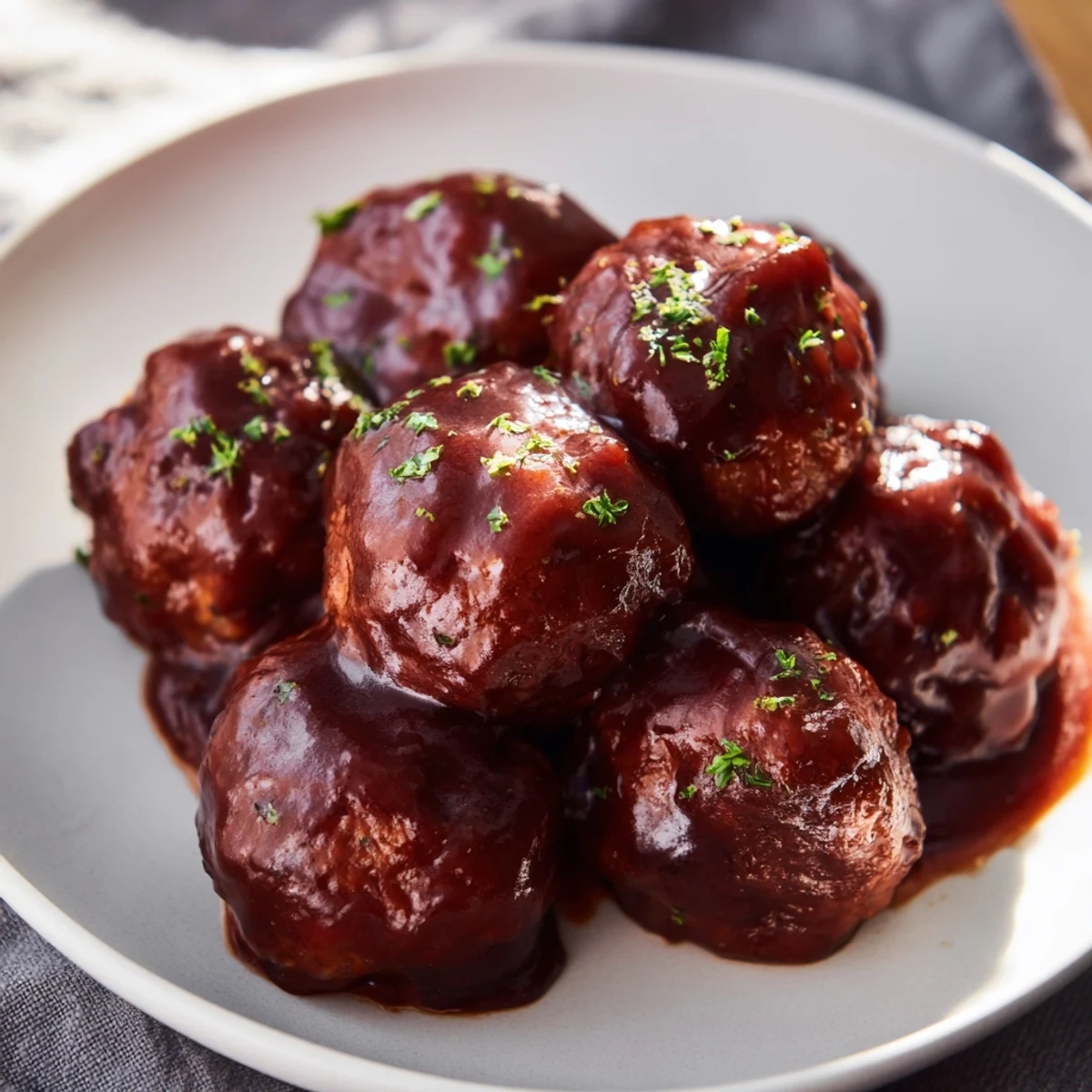 Slow cooker cherry BBQ meatballs glistening with a sweet, vibrant sauce, ready to be served hot.