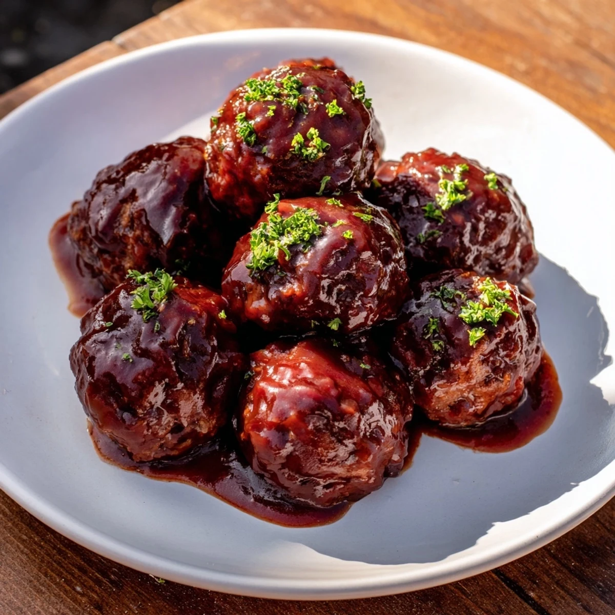 A close-up shot of tender, slow-cooked cherry BBQ meatballs, perfect for a party appetizer or easy dinner.