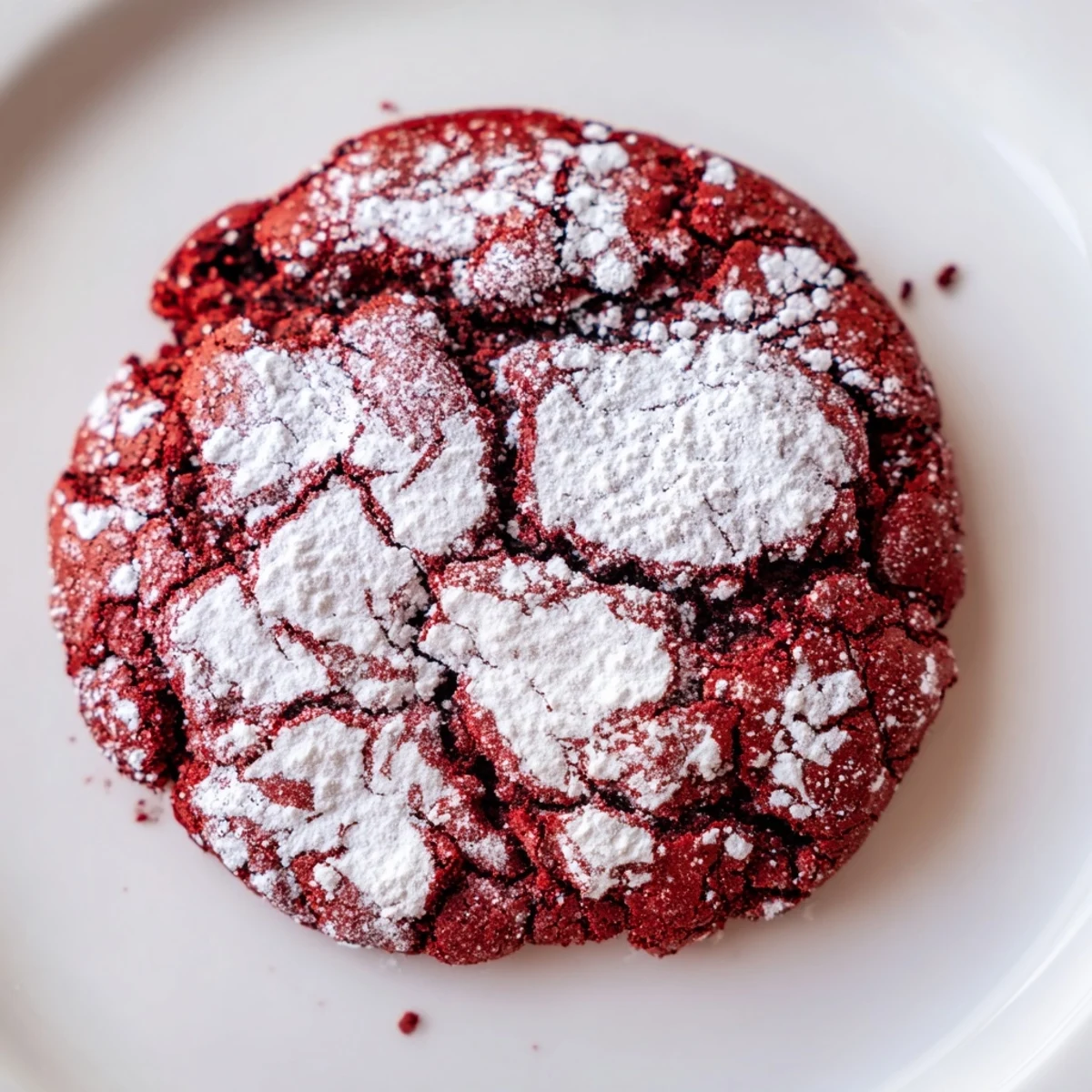Warm, crackled Red Velvet Chocolate Crinkle Cookies dusted in powdered sugar, ready to eat.