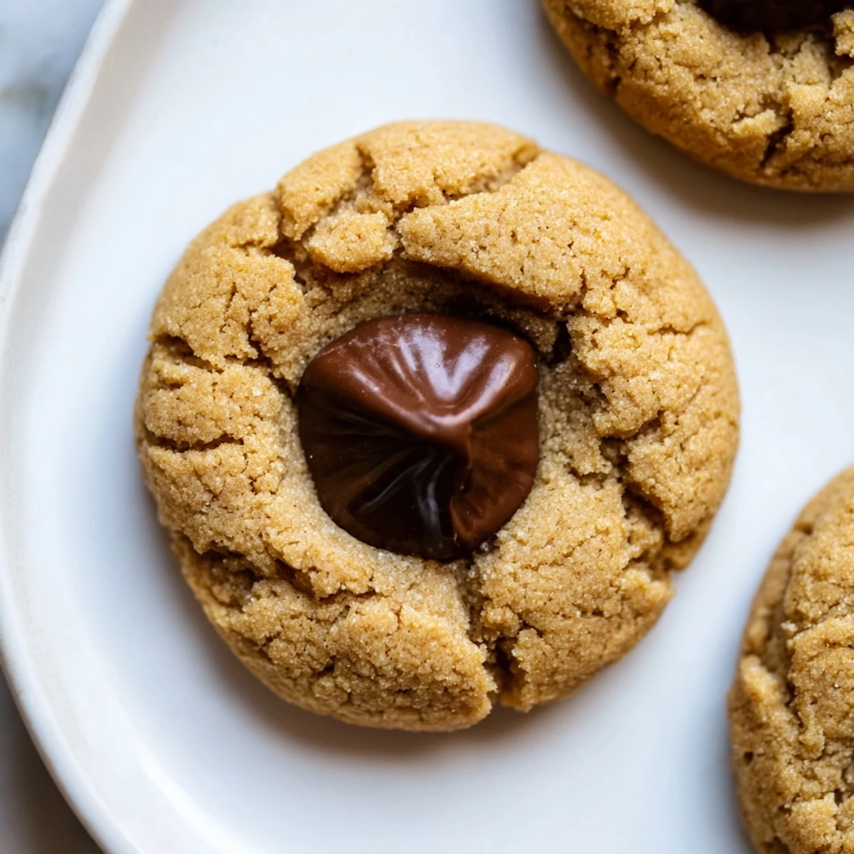 Close-up of soft and chewy 3-Ingredient Peanut Butter Blossoms, with melted chocolate and a peanut butter base.