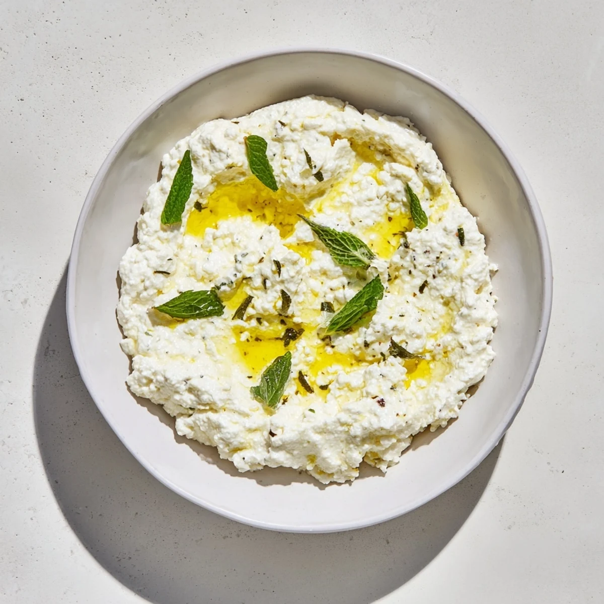 Creamy whipped feta dip with vibrant lemon-mint drizzle, ideal with pita bread.