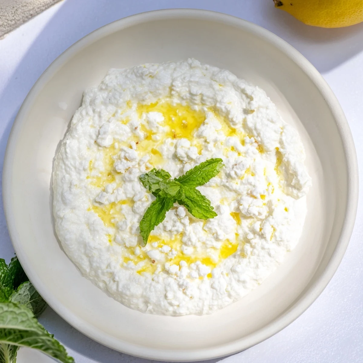 This Mediterranean whipped feta dip with bright lemon-mint topping is ready to be eaten.