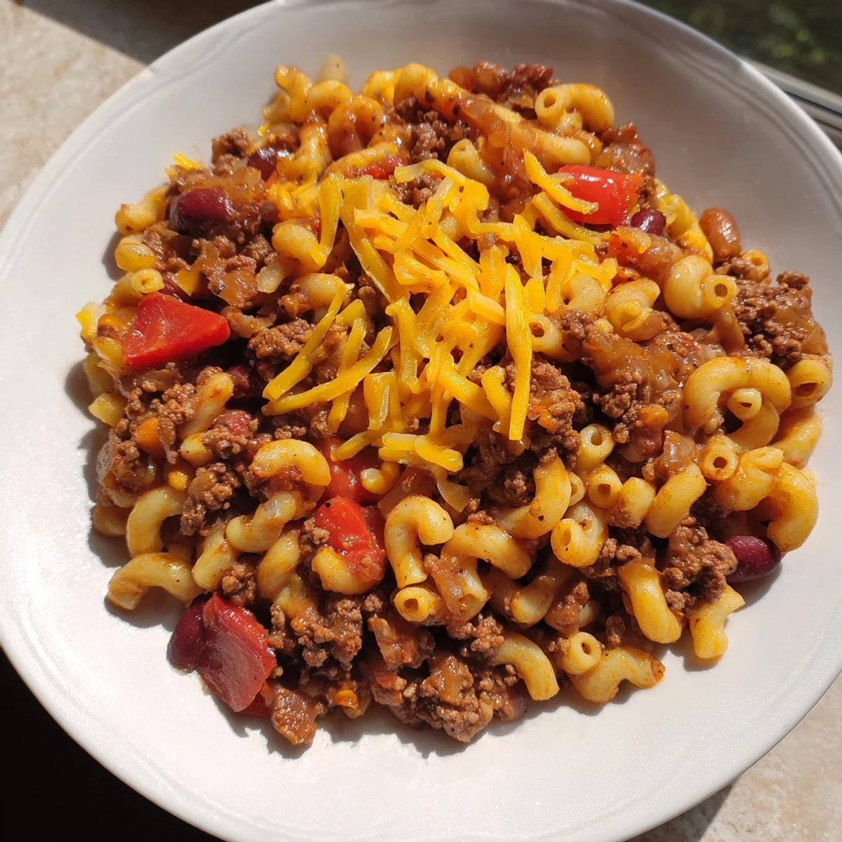 Steaming Cheeseburger Chili Mac Skillet, topped with melted cheddar, ready for a comforting bite on a plate.