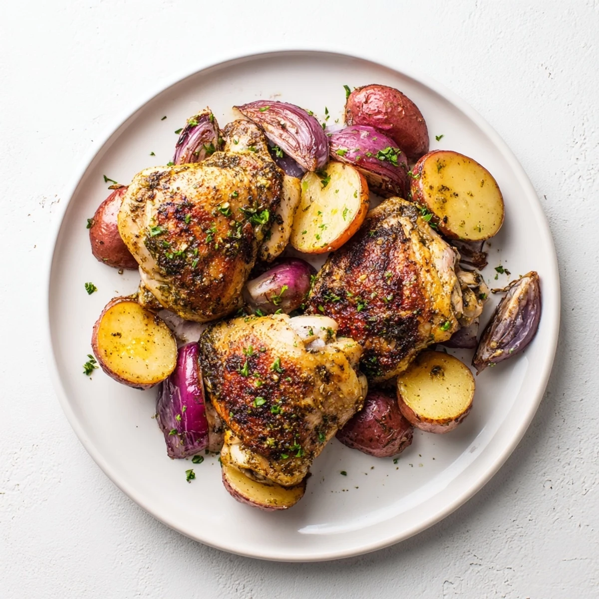Enjoy a view of flavorful Sheet Pan Zaatar Chicken alongside tender, caramelized roasted potatoes ready to eat.