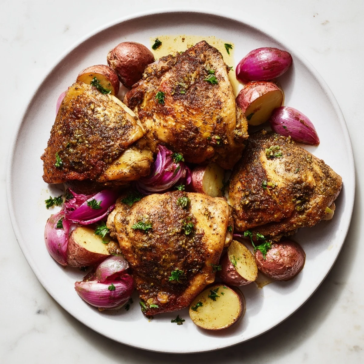 Juicy chicken thighs and roasted potatoes seasoned with zaatar create this easy Sheet Pan Zaatar Chicken dinner.