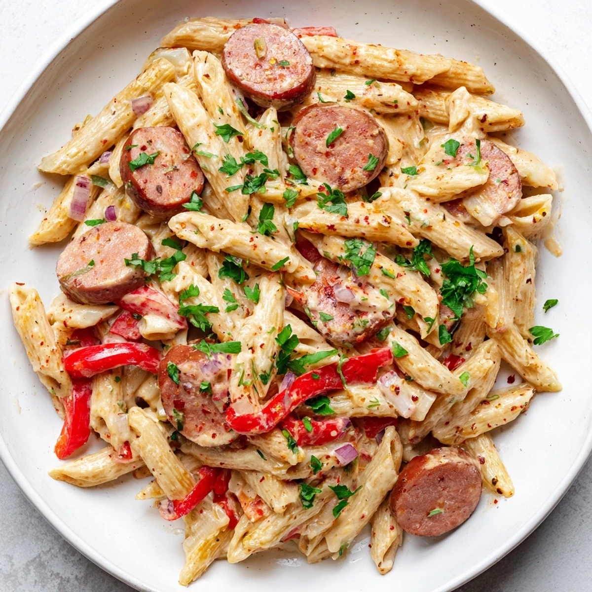 Smoked Sausage Cajun Alfredo with penne, creamy pasta coated and garnished with fresh green parsley.