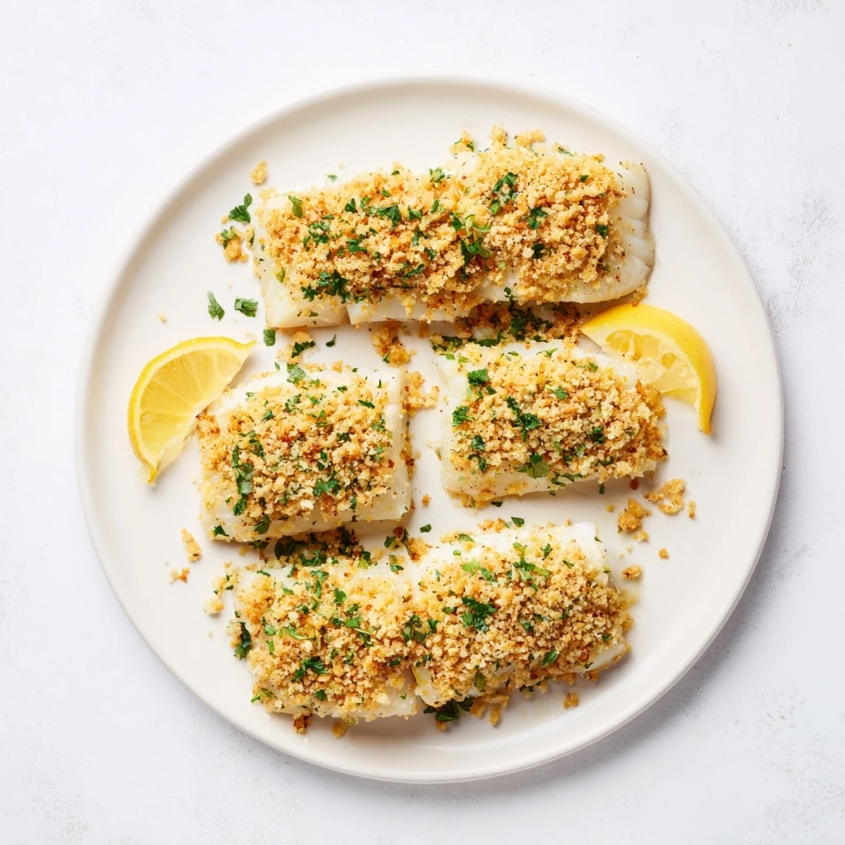 Golden-brown Baked Cod with Crispy Ritz Cracker Topping, ready to serve with lemon wedges.