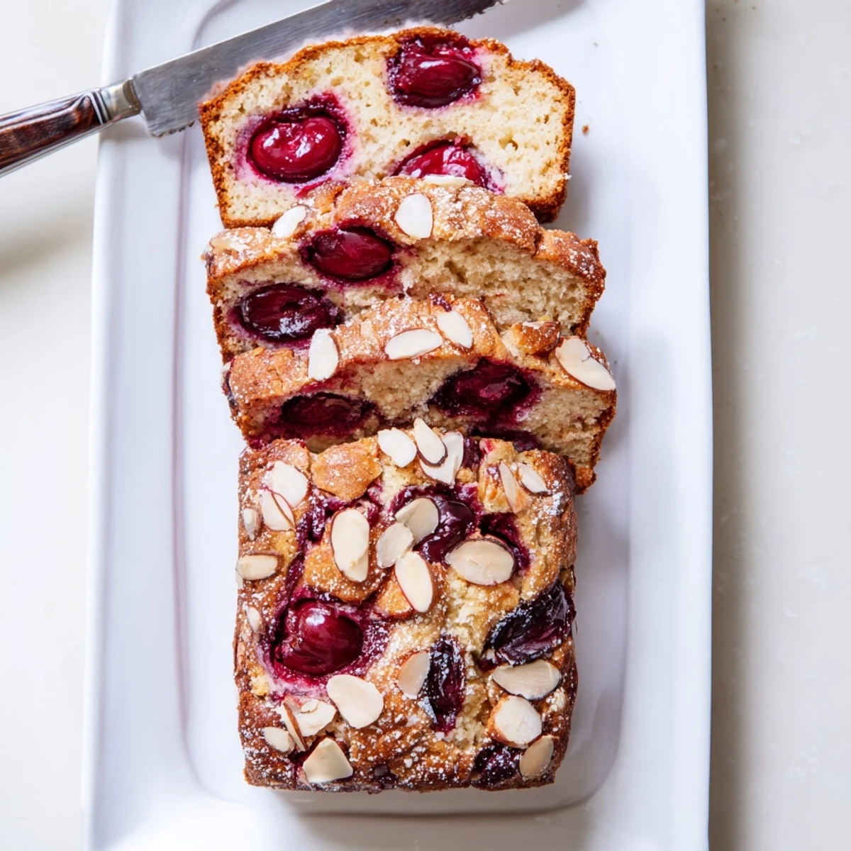 Freshly baked Cherry Almond Loaf Cake, boasting a golden crust and glistening, sweet cherries inside.