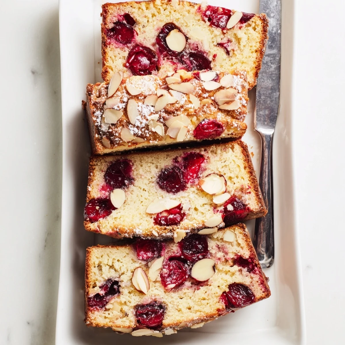 Sliced Cherry Almond Loaf Cake, showing the perfect crumb and scattered almonds, ready to eat.