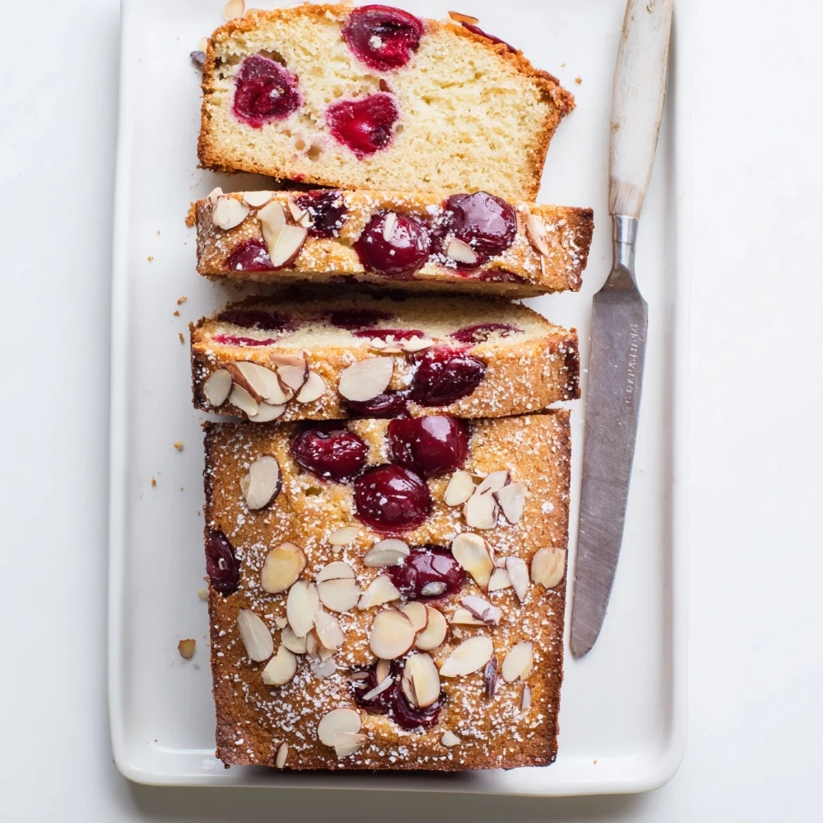 Close-up of a Cherry Almond Loaf Cake slice, highlighting the moist interior and delicate almond flavor.