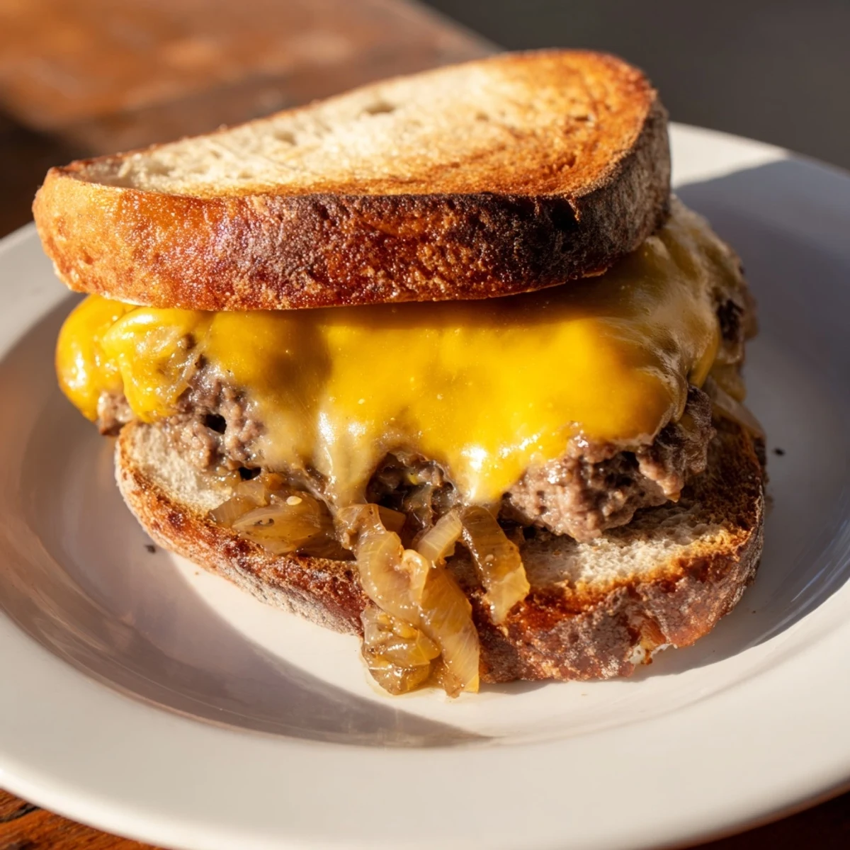 Golden, crusty, Patty Melt Skillet halves oozing melted Swiss cheese, ready to be enjoyed.