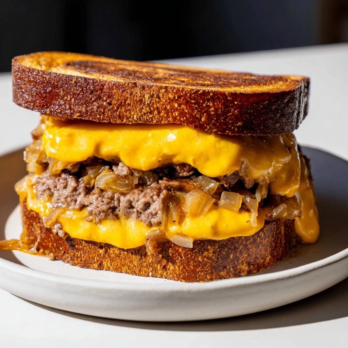 Delicious, homemade Patty Melt Skillet served hot from a cast iron skillet with crispy bread.