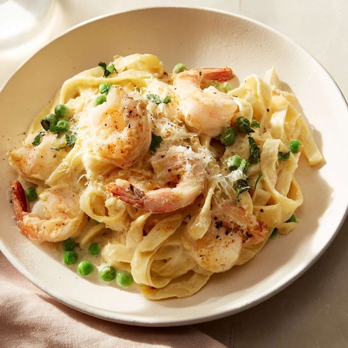 Steaming Instant Pot Shrimp Alfredo Pasta, a comforting weeknight meal with creamy sauce and shrimp.