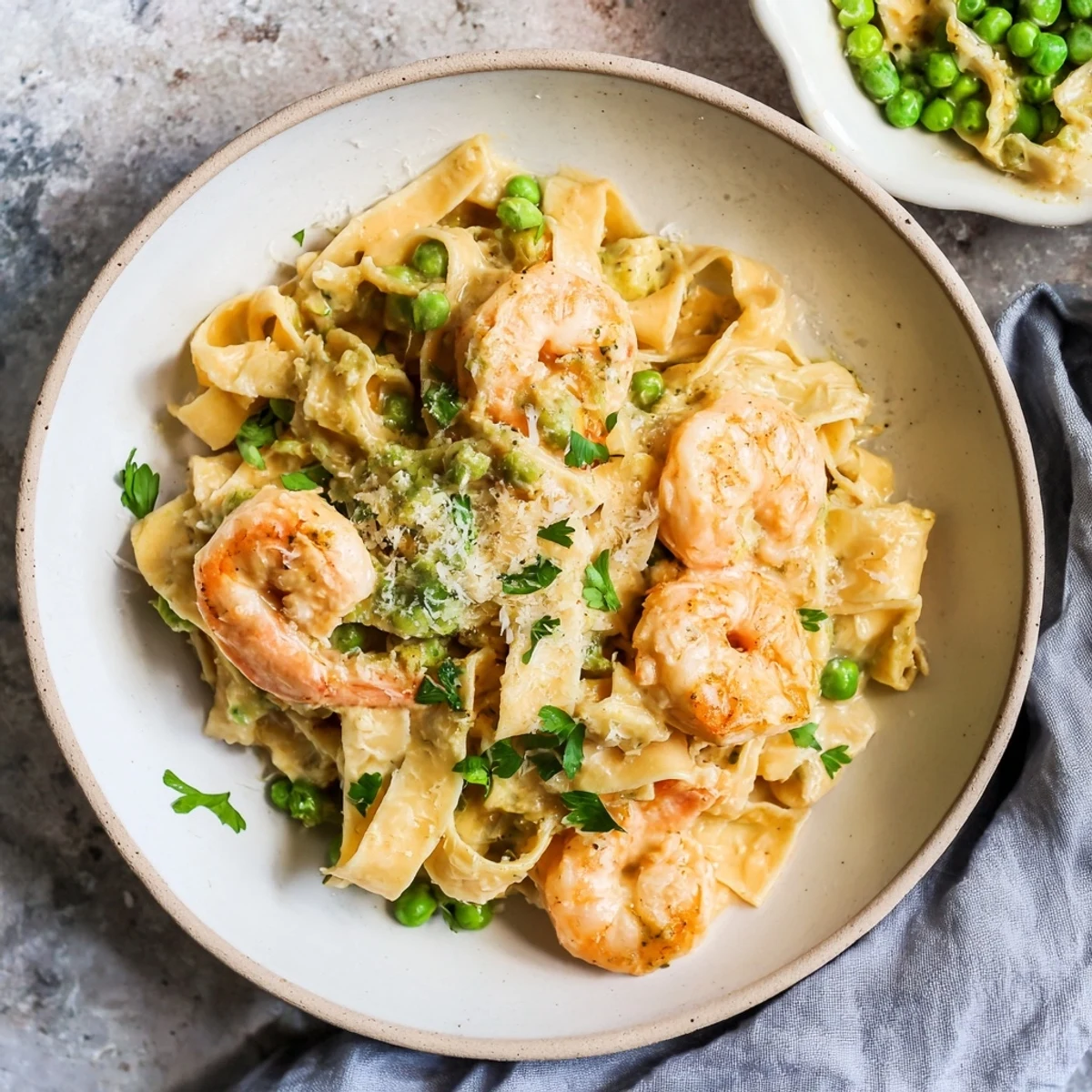 Freshly cooked, creamy Instant Pot Shrimp Alfredo Pasta topped with parsley, ready to serve!