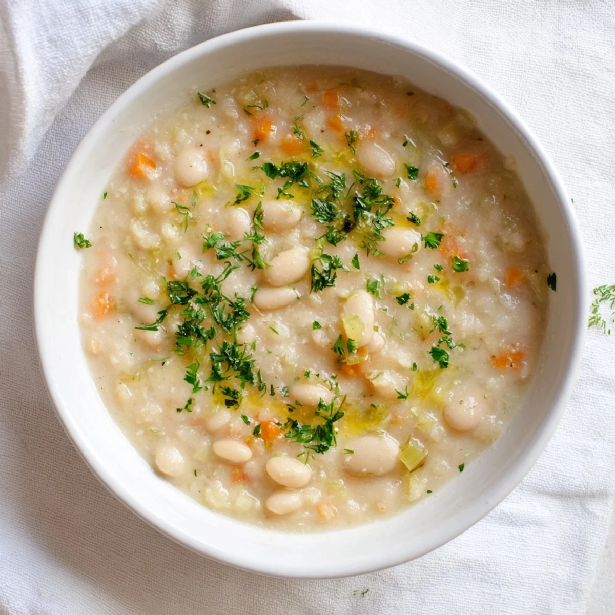The fragrant Simple White Bean and Fennel Soup is served in a bowl, perfect for a cozy supper.