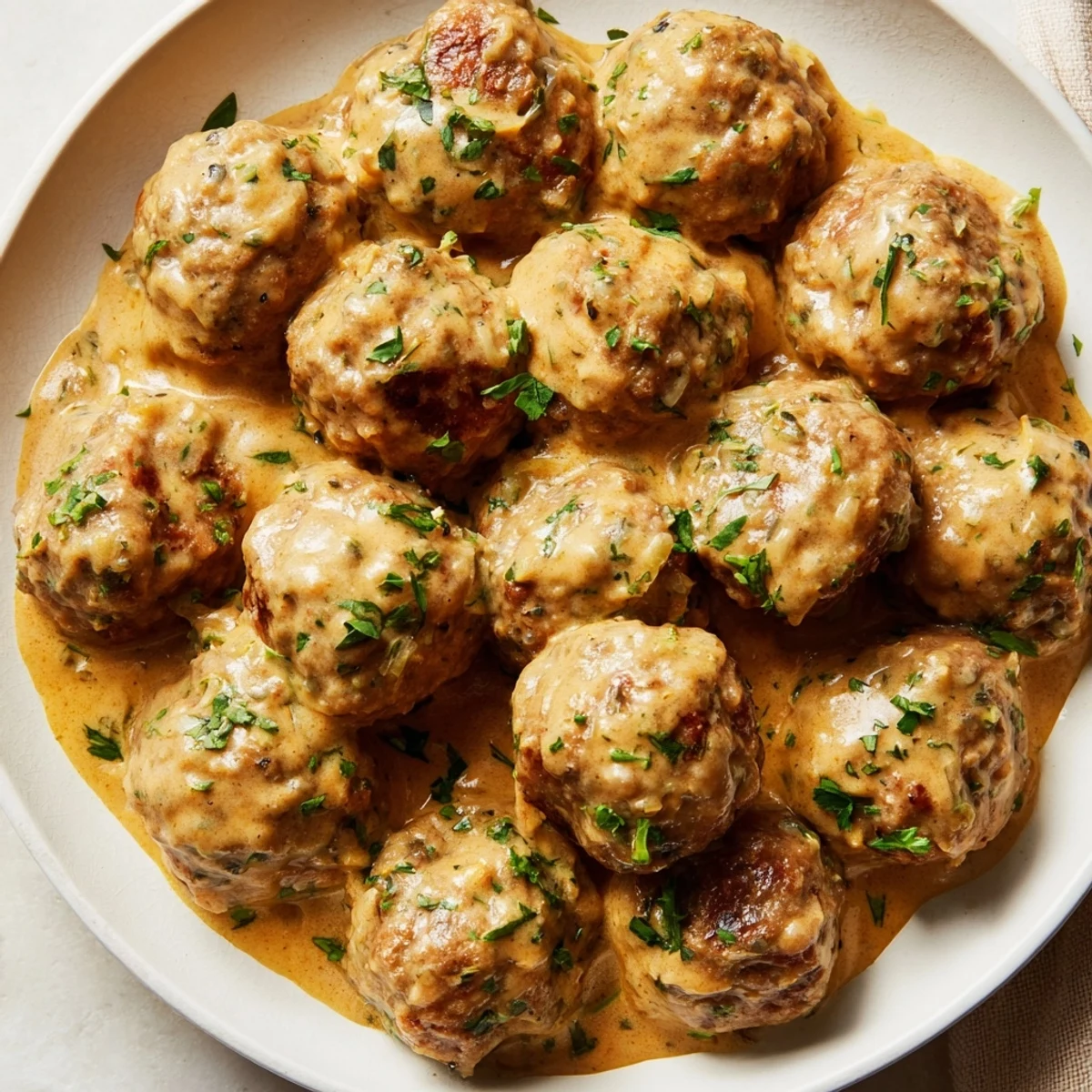 Golden brown turkey meatballs swimming in a rich and creamy pumpkin sage sauce.