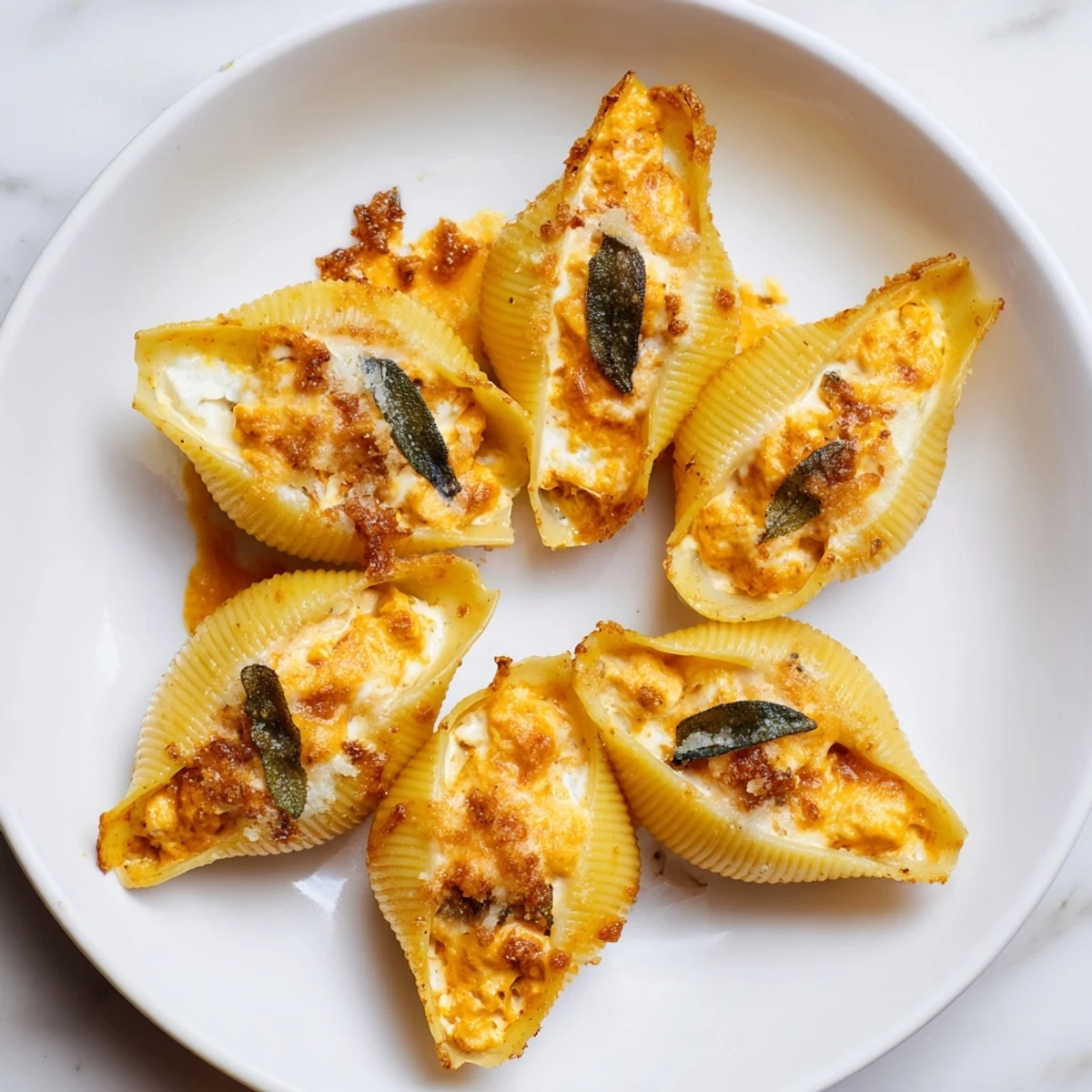 Delicious, creamy Pumpkin & Gouda Stuffed Shells, bubbling golden brown with Alfredo sauce and cheese.