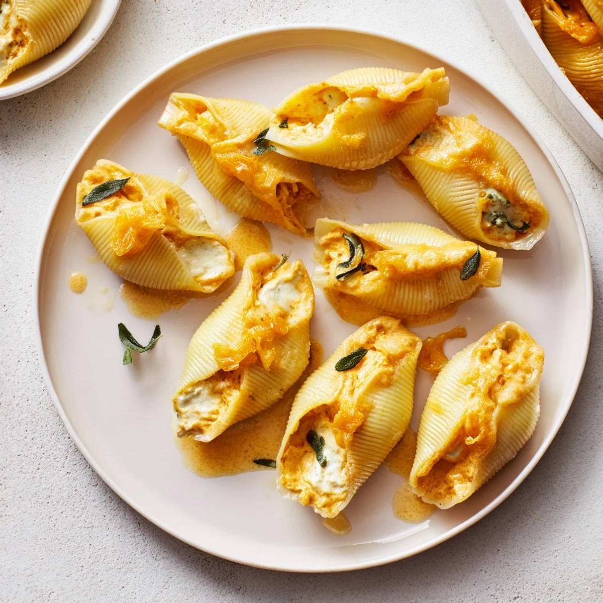 A close-up shot of baked Pumpkin & Gouda Stuffed Shells, garnished with fresh sage, ready to serve.