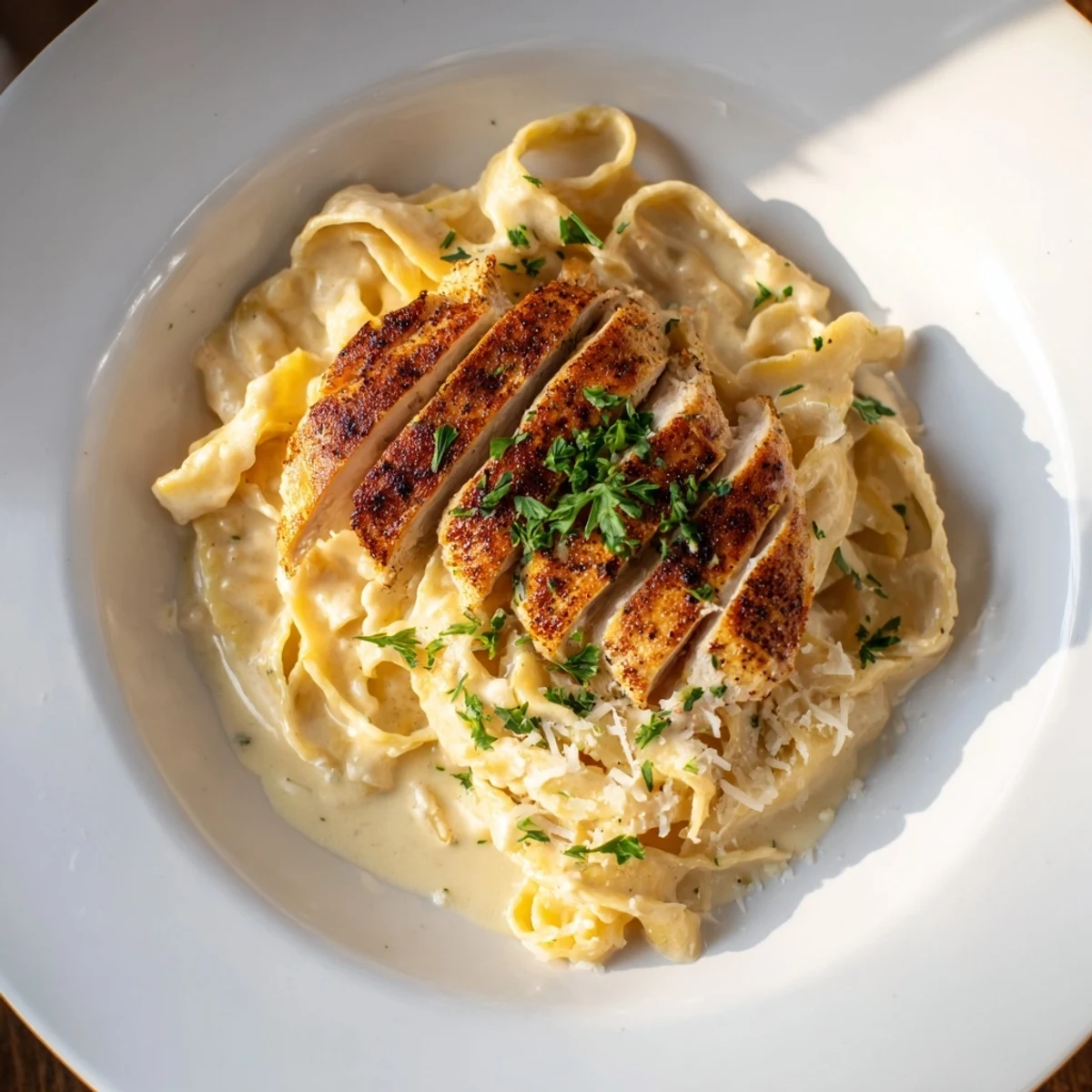 Tender Cajun Chicken Alfredo Fettuccine pasta with creamy Velveeta sauce, garnished with fresh parsley.
