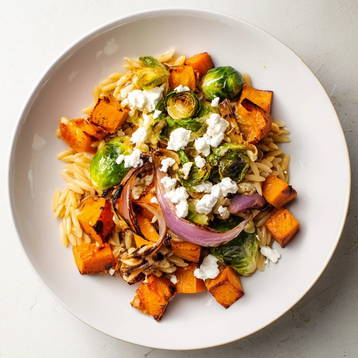 Vibrant Best Fall Harvest Orzo Salad with roasted butternut squash and creamy goat cheese served on a plate.