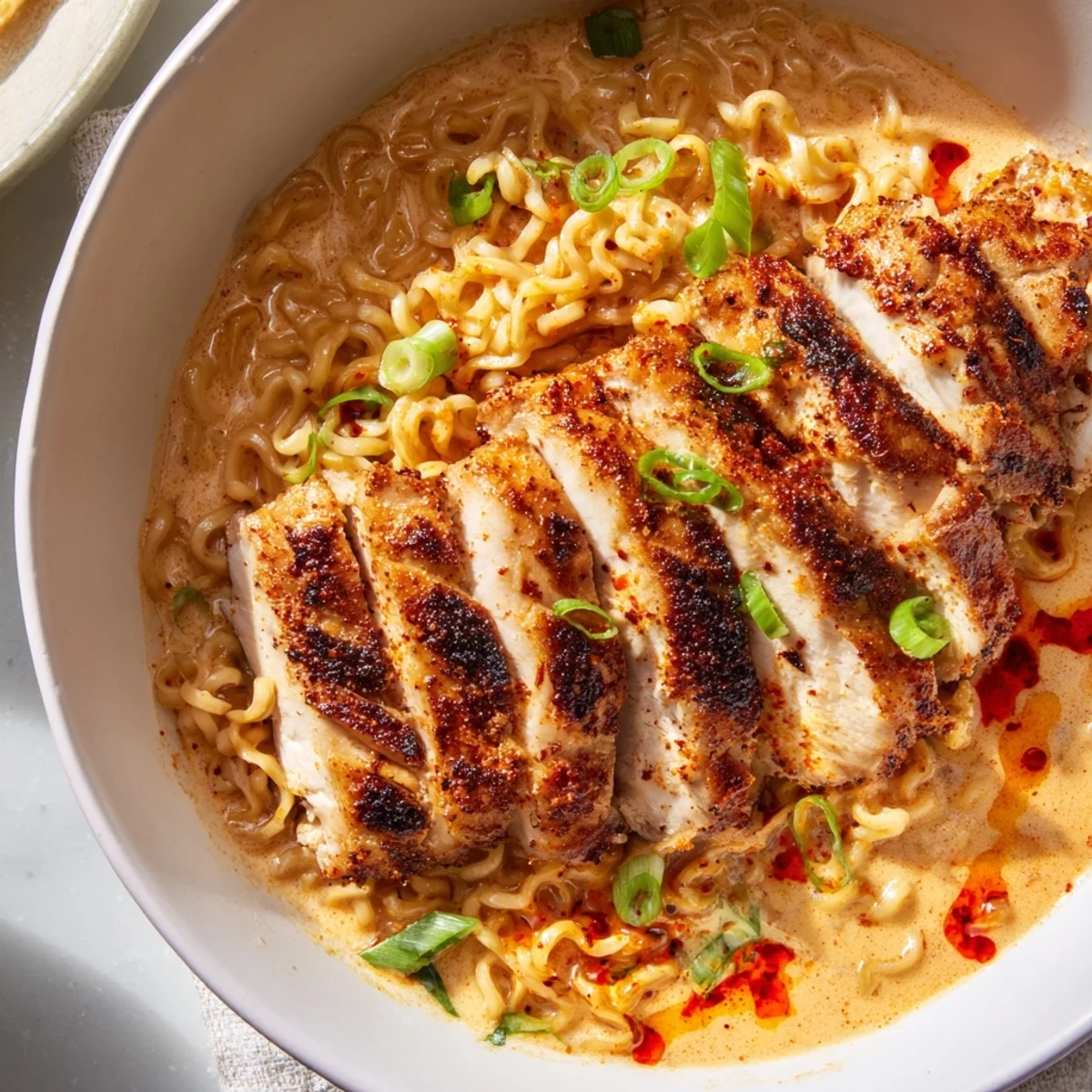 Up-close photo of Fiery Chicken Ramen: flavorful noodles swimming in creamy, spicy broth with sliced chicken.
