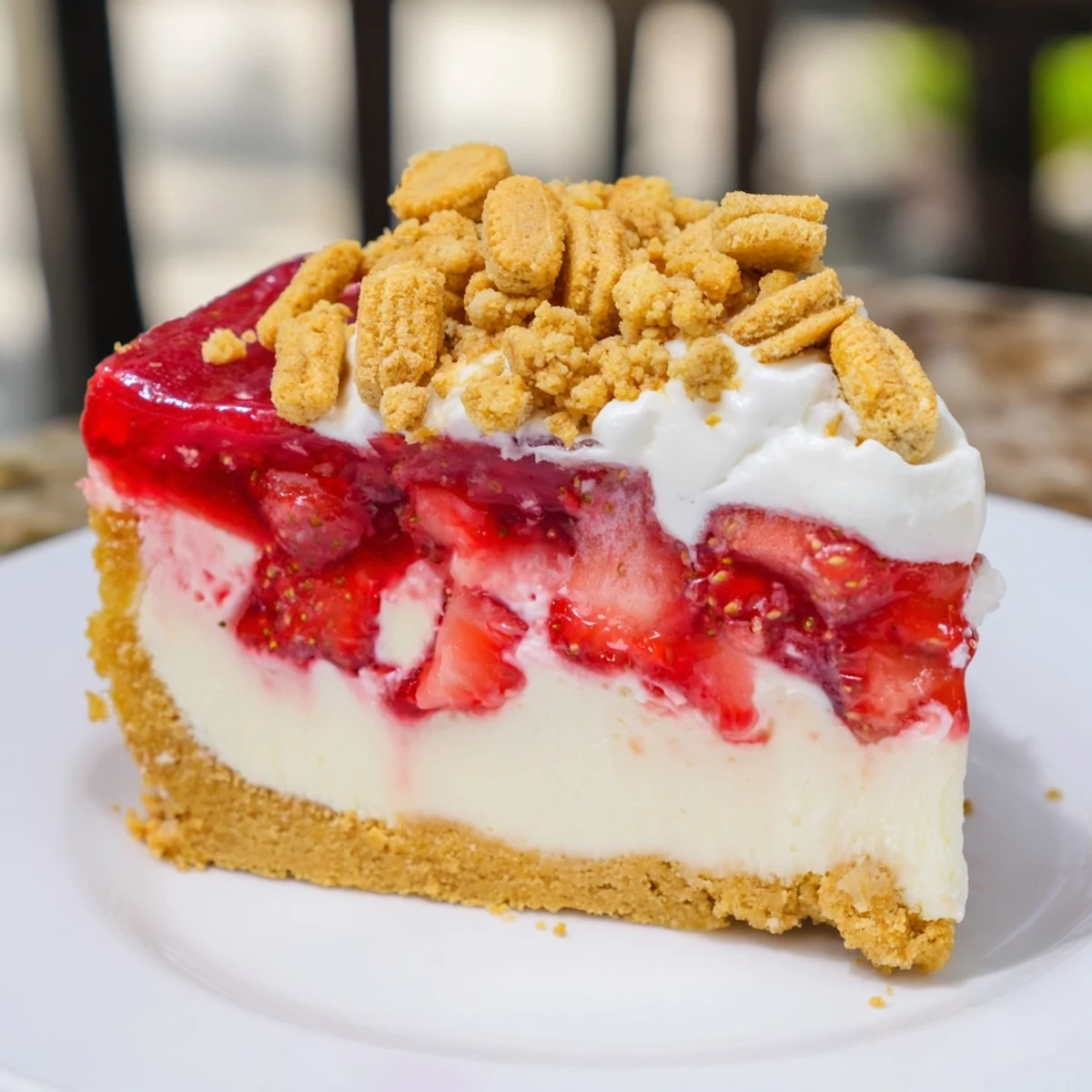 Creamy Strawberry Shortcake Cheesecake with a bright strawberry layer and crunchy crumble, ready to serve.
