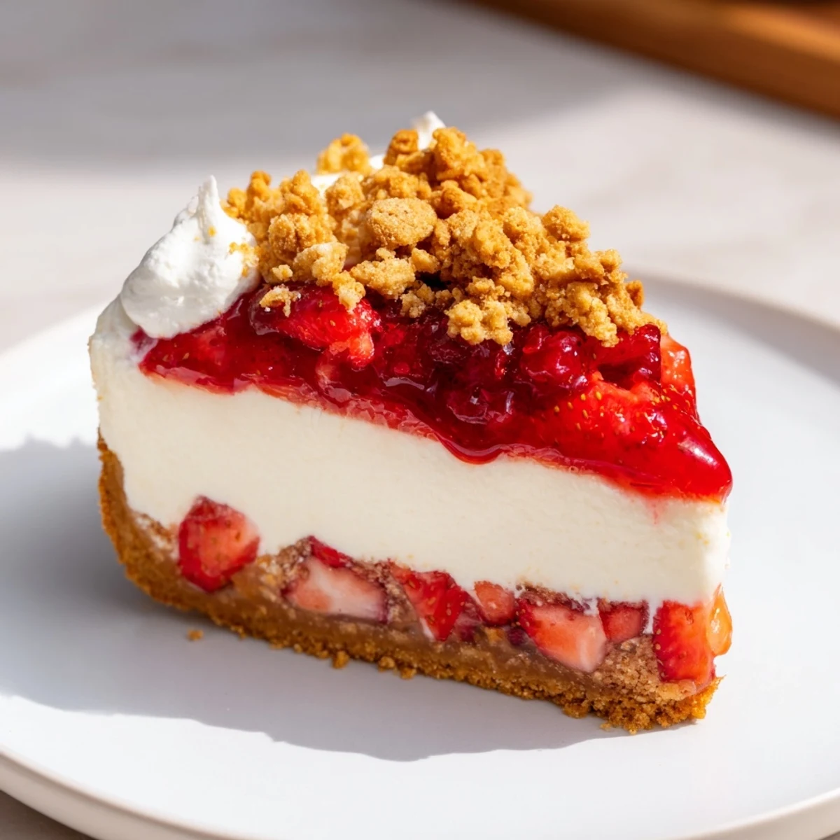 Visual of a slice: tall Strawberry Shortcake Cheesecake with fresh strawberries and whipped cream.
