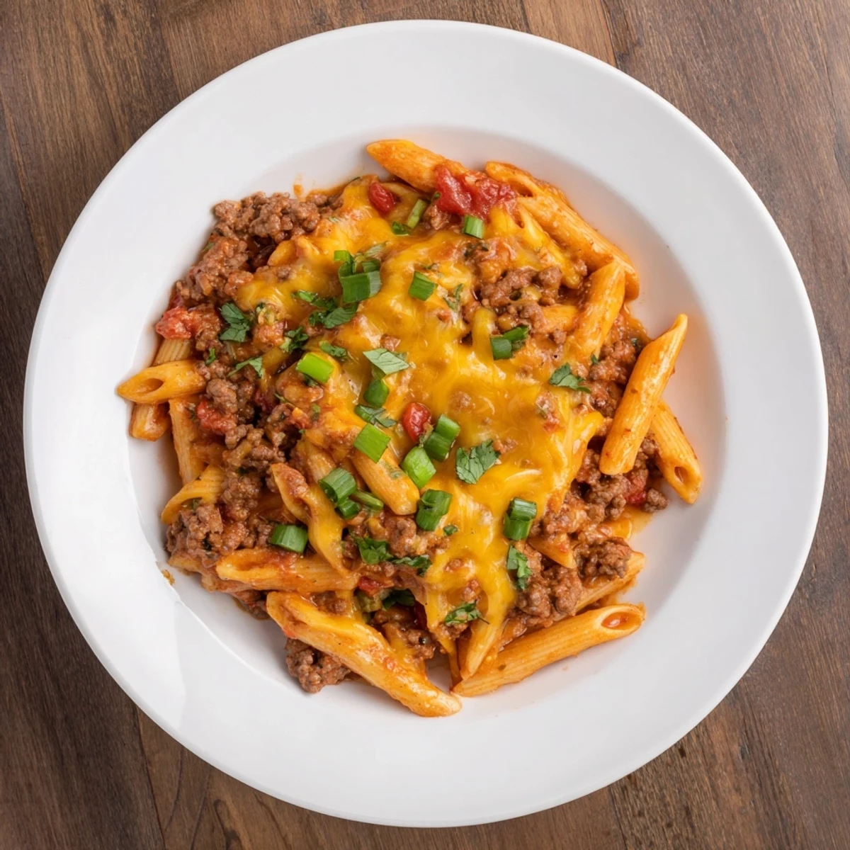 Easy Beef Enchilada Pasta, a one-pot meal, with melted cheddar and a delicious, savory red sauce.