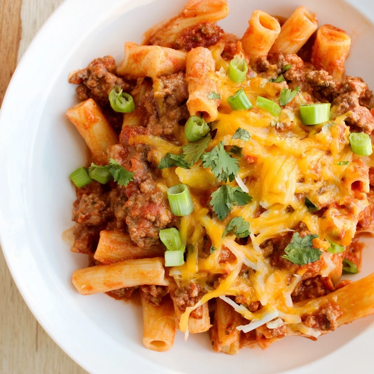 This photo shows a bubbling skillet of Easy Beef Enchilada Pasta, ready to serve with sour cream and cilantro.
