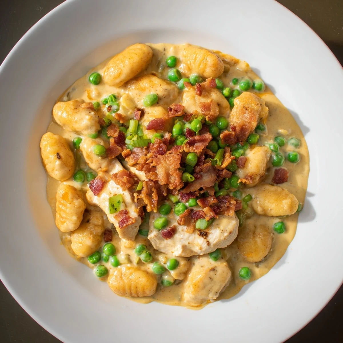 Creamy crack chicken gnocchi, a comforting meal of pillowy gnocchi in rich, cheesy sauce with bacon.