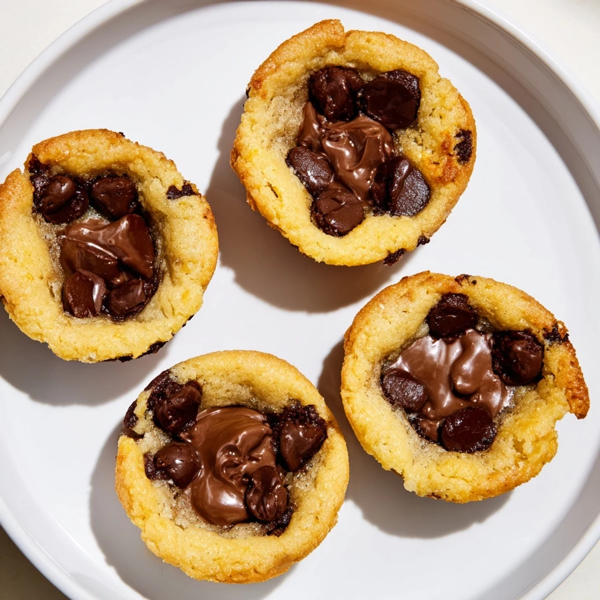 Close-up of freshly baked air fryer gooey cookie cups, oozing chocolate for a delightful treat.