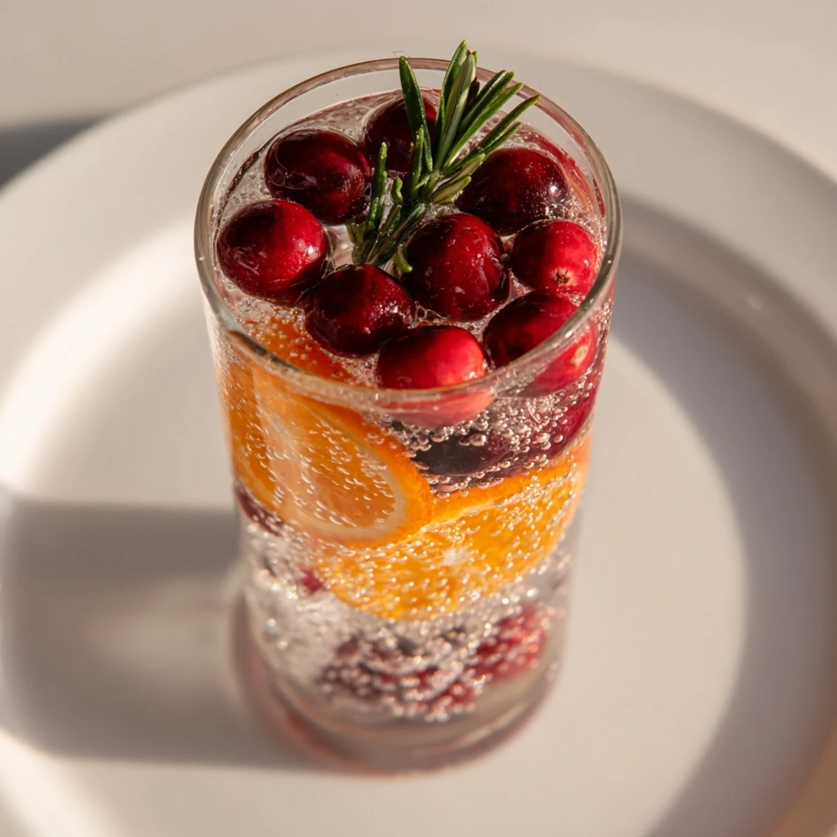 Snow Globe Mocktail with floating cranberries, citrus, and festive flair, ready for holiday cheering.