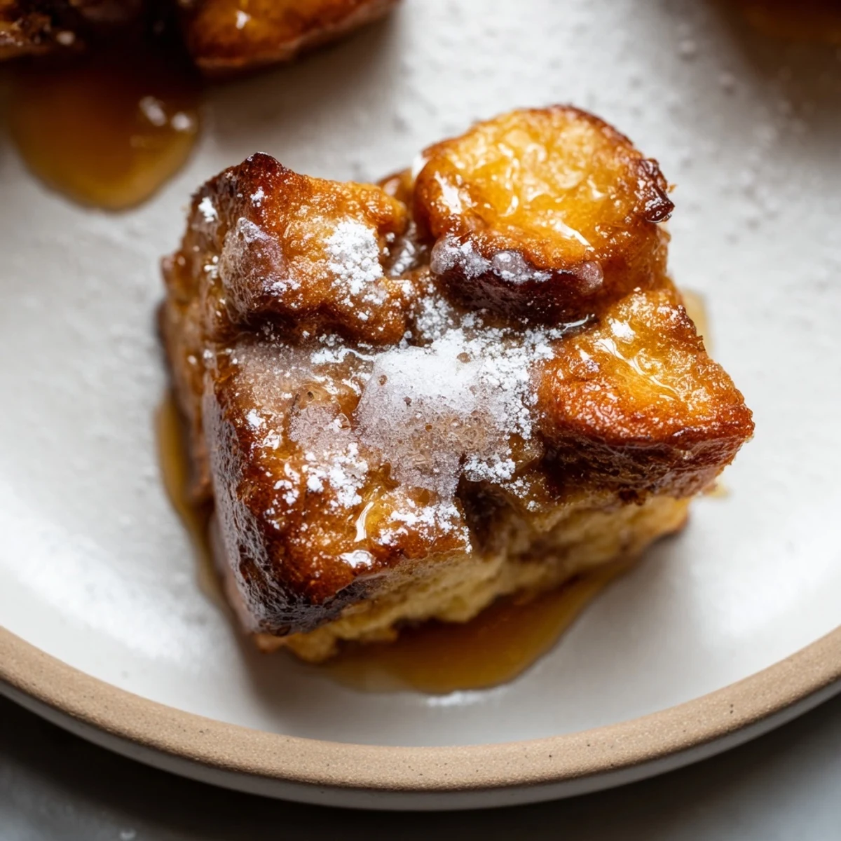 Golden, baked Mini French Toast Casserole Bites, dusted with powdered sugar, ready to be enjoyed.