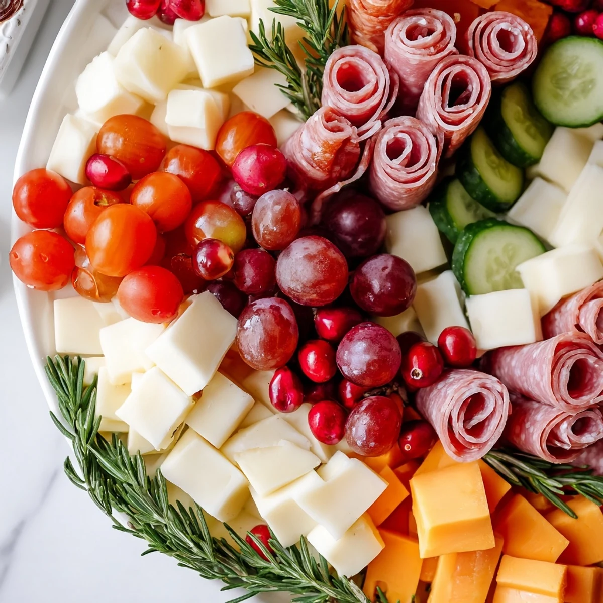 Quick Christmas Charcuterie Wreath Board overflowing with cheeses, meats, and vibrant fruits, ready to serve.