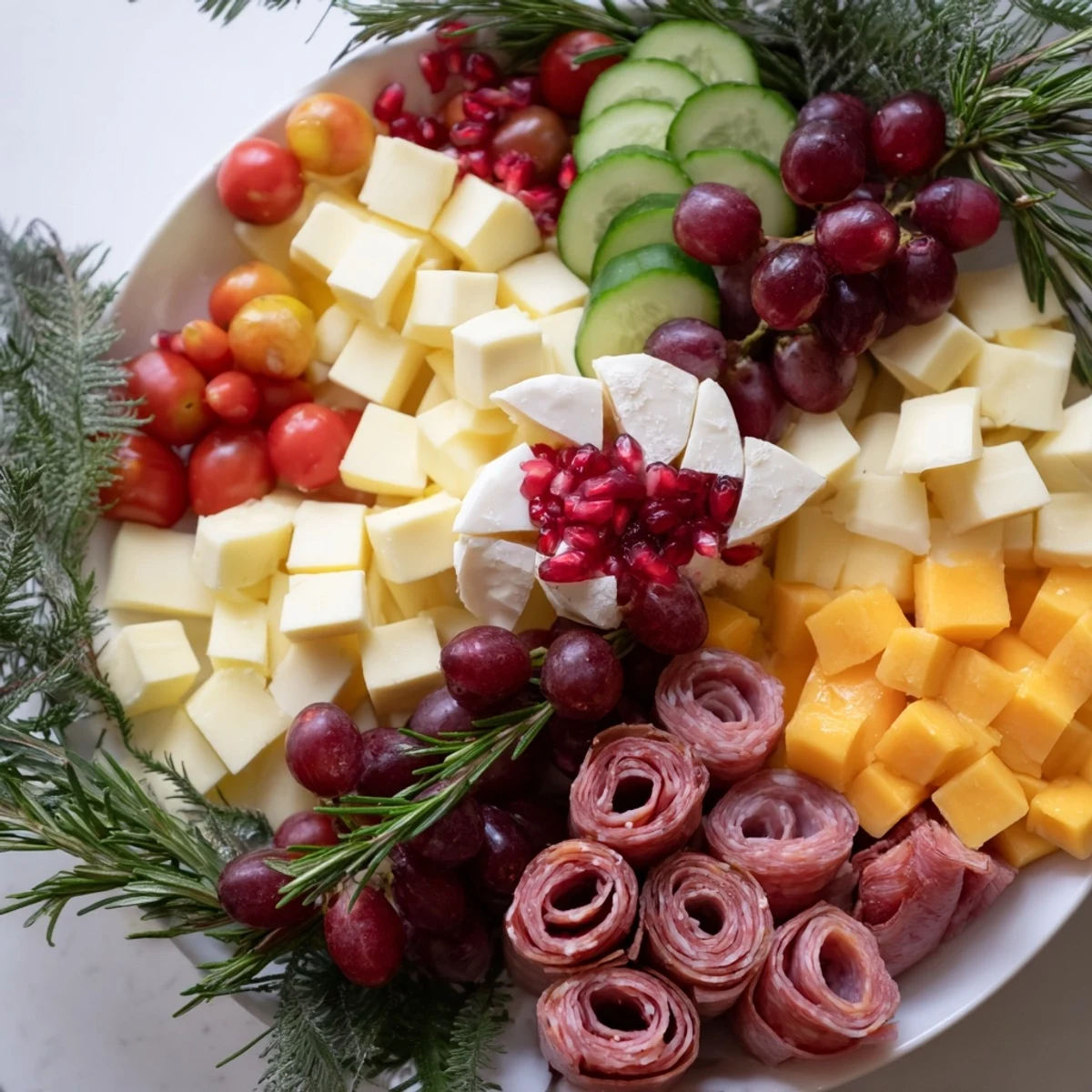 A gorgeous Quick Christmas Charcuterie Wreath Board with rosemary, salami, and olives, ideal for entertaining.